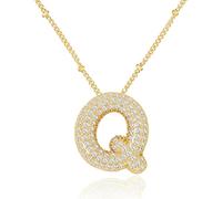 Bubble Letter Gold, Layered Gold Plated Initial, Zirconia Balloon Initial Pendant, for Women Girls