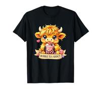 Bubble Tea Addict Highland Cow | Kawaii Pink Boba Tea T-Shirt