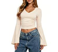 BUBBLIC Long Sleeve Shirts for Women Deep V Neck Crop Tops Going Out Tshirt | Fitted Bell Sleeve Outfit, Sexy Cinched Waist T Shirt, Batwing Cropped Tops, Going Out Nice Tunic Tops, Y2k Wrap Party Shirts