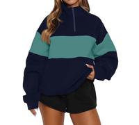 BUBBLIC Women Half Zip Sweatshirts Oversized Color Block Mock Neck Pullover | Elastic Soft Long Sleeve Sweater, French Terry Warm Boyfriend Tops, Drop Shoulder Everyday Wear, Thick Versatile Clothes