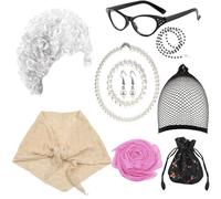 BUBEFSKD Old Lady Cosplay Set For Women Adult Granny Wigs Glasses Artificial Pearl Necklace Earrings Grandma Costume For Party Costume For Role Play