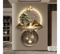 Bubinblau 3D Wall Painting with Light, Metal Wall-Mounted Sculpture, Luxury Mountain Water Tree Wall Decor, Oriental Decor Landscape Hanging Paintings,B,70x100cm