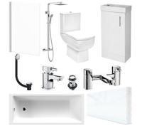 Bubly Bathrooms™ 400mm Vanity Unit 1700mm Bath And Close Coupled Wc Toilet Set Chrome Thermostatic Shower Kit & Chrome Tap Set