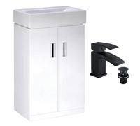 Bubly Bathrooms 450mm Gloss White 2 Door Floorstanding Vanity Basin Sink Unit & Matt Black Lucia Waterfall Tap & Waste
