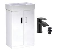 Bubly Bathrooms 450mm Gloss White 2 Door Floorstanding Vanity Basin Sink Unit & Matt Black Sleek Waterfall Tap & Waste