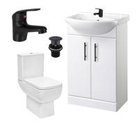 Bubly Bathrooms 550mm Gloss White Vanity Unit & Ceramic Basin, Square Close Coupled Wc & Matt Black Tap Set