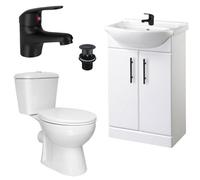 Bubly Bathrooms 550mm White Gloss Freestanding Vanity Unit, Close Coupled Toilet & Matt Black Tap Set
