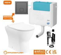 Bubly Bathrooms Back To Wall Rimless Toilet & Concealed Cistern Set With Dual Flush, Soft Close D-Shape Seat & Gunmetal Plate