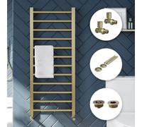 Bubly Bathrooms Brushed Brass Heated Towel Rail 500X1200mm With Valves & Covers