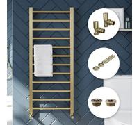 Bubly Bathrooms Brushed Brass Heated Towel Rail Radiator With Manual Valves, 500X800mm Bathroom Warmer Kit