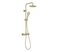 Bubly Bathrooms Brushed Brass Overhead Thermostatic Rigid Riser Shower Kit - Twin Head Round