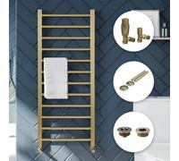 Bubly Bathrooms Brushed Brass Straight Heated Towel Rail With Angled Thermostatic Valves & Pipe Covers - 500X800mm