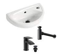 Bubly Bathrooms Compact Small Wall Hung Basin Sink Including Black Waterfall Tap & Bottle Trap