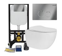 Bubly Bathrooms Creavit Rimless Wall Hung Toilet & Concealed Cistern Frame Set With Chrome Dual Flush Plate