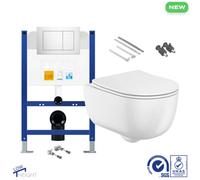 Bubly Bathrooms D-Shape Rimless Wall Hung Toilet & Low Height Concealed Cistern Frame Set With Polished Chrome Dual Flush Plate