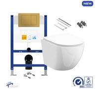 Bubly Bathrooms D-Shape Rimless Wall Hung Toilet Set With Low Height Cistern & Matt Gold Flush Plate