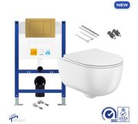 Bubly Bathrooms D-Shape Rimless Wall Hung Toilet Set With Low Height Concealed Cistern & Brushed Brass Flush Plate