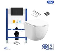Bubly Bathrooms D-Shape Rimless Wall-Hung Toilet Set With Low-Height Concealed Cistern & Soft-Close Seat - Matt Black Flush Plate