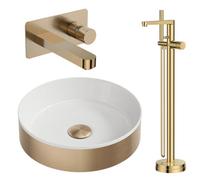 Bubly Bathrooms Koko Brushed Brass Fluted Countertop Basin Set With Wall-Mounted Tap & Freestanding Bath Shower Mixer