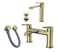 Bubly Bathrooms Lunaris Brushed Brass Bath Filler & Tall Mono Basin Mixer Taps With Bath & Unslotted Basin Wastes