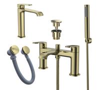 Bubly Bathrooms Lunaris Brushed Brass Complete Bathroom Tap Set: Deck-Mounted Bath Shower Mixer & Tall Basin Mixer