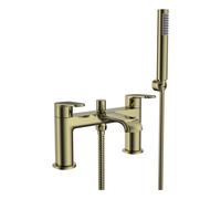 Bubly Bathrooms Lunaris Brushed Brass Deck Mounted 2-Hole Bath Shower Mixer Tap With Handset Kit