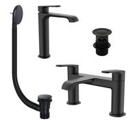 Bubly Bathrooms Lunaris Matt Black Bath Filler & Tall Mono Basin Mixer Tap Set With Slotted Wastes