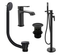 Bubly Bathrooms Lunaris Matt Black Freestanding Bath Shower Mixer & Mono Basin Tap Set With Wastes