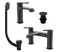 Bubly Bathrooms Lunaris Matt Black Modern Bath Filler & Mini Mono Basin Mixer Tap Set With Matching Wastes For Diy Bathrooms