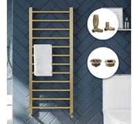 Bubly Bathrooms Luxury Brushed Brass Straight Heated Towel Rail 500X800mm, Dual Fuel With Trv & Valves, Bathroom Radiator