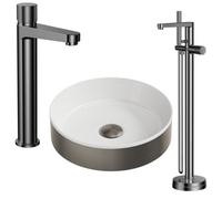 Bubly Bathrooms Luxury Gunmetal Fluted Basin Set Tall Tap Bath Mixer Waste