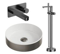 Bubly Bathrooms Luxury Gunmetal Fluted Countertop Bathroom Basin Set With Wall-Mounted Tap, Freestanding Bath Shower Mixer & Waste
