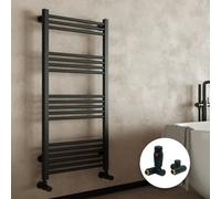 Bubly Bathrooms Matt Black 500X800mm Heated Towel Rail Radiator With Dual Fuel Thermostatic Corner Valves