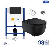 Bubly Bathrooms Matt Black D-Shape Rimless Wall Hung Toilet & Soft-Close Slimline Seat With Low-Profile Concealed Cistern Frame