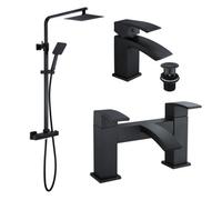 Bubly Bathrooms Matt Black Thermostatic Square Overhead & Handheld Shower Kit With Lucia Basin & Bath Filler Taps