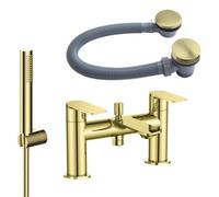 Bubly Bathrooms Modern Brushed Brass Blade Bath Shower Mixer Tap With Bath Waste - Solid Brass Bath Mounted