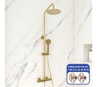 Bubly Bathrooms Modern Brushed Brass Thermostatic Exposed Mixer Shower With Dual Round Heads