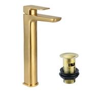 Bubly Bathrooms Modern Curve Brushed Brass Basin Tall Mono Mixer Tap With Click Clack Slotted Waste