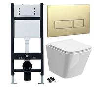 Bubly Bathrooms Modern White Rimless Wall-Hung Toilet Set With Slim Soft-Close Seat & Concealed Frame - Brass