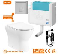 Bubly Bathrooms Rimless Back To Wall Toilet Set With Soft Close Seat, Concealed Dual Flush Cistern & Chrome Square Plate