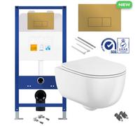 Bubly Bathrooms Rimless Wall Hung Toilet Pan With Concealed Cistern Fame - Brushed Brass Gold Flush Plate
