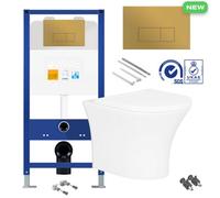 Bubly Bathrooms Rimless Wall Hung Toilet Pan With Concealed Cistern Fame - Brushed Brass Gold Flush Plate