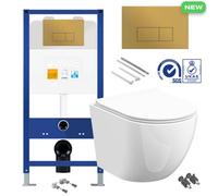 Bubly Bathrooms Rimless Wall Hung Toilet Pan With Concealed Cistern Fame - Brushed Brass Gold Flush Plate