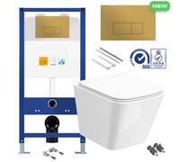 Bubly Bathrooms Square Rimless Wall Hung Toilet Pan With Concealed Cistern Fame - Brushed Brass Gold Flush Plate