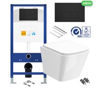 Bubly Bathrooms Square Rimless Wall Hung Toilet Pan With Concealed Cistern Fame - Matt Black Flush Plate