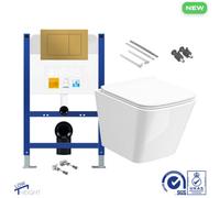Bubly Bathrooms Square Rimless Wall-Hung Toilet Set With Low Height Concealed Cistern And Brushed Brass Dual Flush Plate