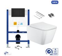 Bubly Bathrooms Square Rimless Wall Hung Toilet & Space-Saving Concealed Cistern Frame With Black Flush Plate