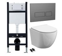 Bubly Bathrooms White Rimless Wall Hung Toilet Set With Soft Close Seat & 1.13M Concealed Cistern Frame, Gunmetal Dual Flush