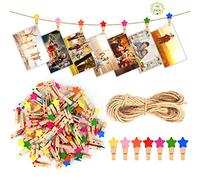 Bubuyun 100Pcs Mini Wooden Clips Wood Photo Clips, Wooden Clothespins Photo Paper Mini Pegs Craft Scrapbooking with 10M Jute String for Hanging Photos Memo Wedding Party DIY Craft Decoration