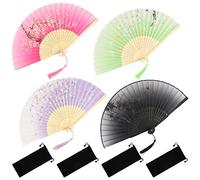 Bubuyun 4PCS Silk Fabric Hollow Carved Bamboo Handheld Folding Fans - Chinese Style Hand Fans with Tassels for Wedding, Wall, Party Decoration